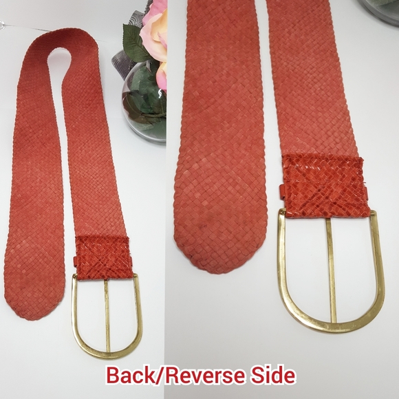 90's-Y2K❤Big Golden Buckle Leather Belt| Red Wide High Waist|Weaved - Picture 4 of 8